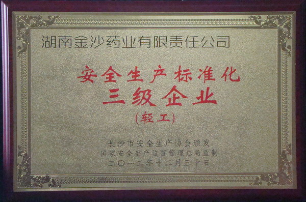 2012年 公司評(píng)為安全生產(chǎn)標(biāo)準(zhǔn)化三級(jí)企業(yè)（輕工）